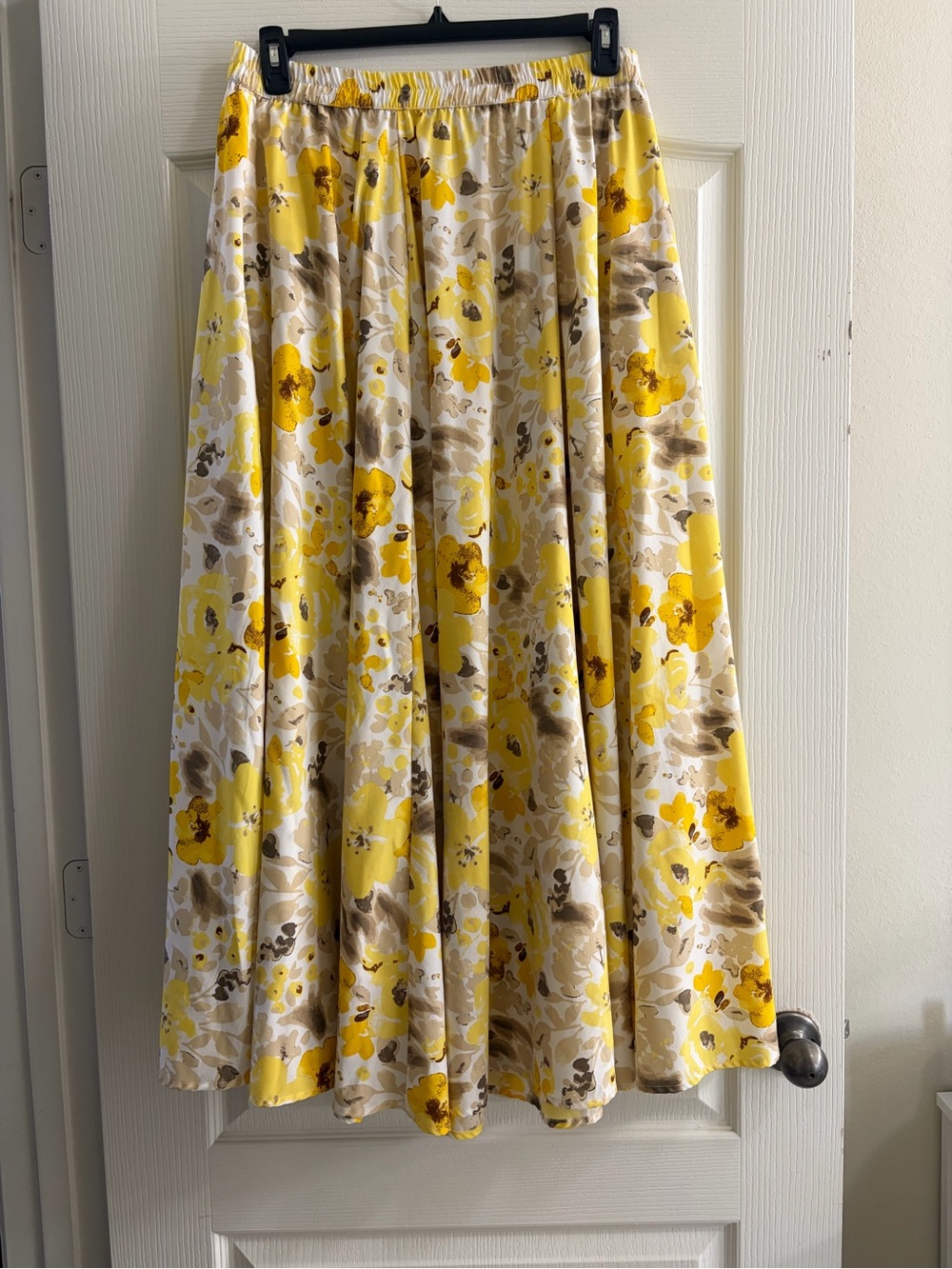 Cato Yellow Floral A-Line Midi Skirt Large Elastic Waist WITH POCKETS